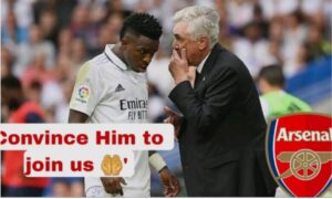 Read more about the article “Convince Him to Join Us Here,” Ancellotti encourages Vinicius Jr. to convince his £70 million Brazilian teammate to quit Arsenal and join Madrid before the window closes