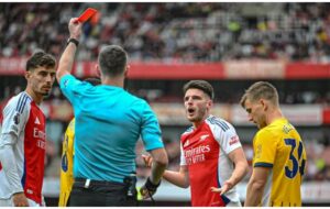 DECLAN RICE WAS SHOWN A RED CARD AGAINST BRIGHTON ON SATURDAY (IMAGE CREDIT: GETTY IMAGES)